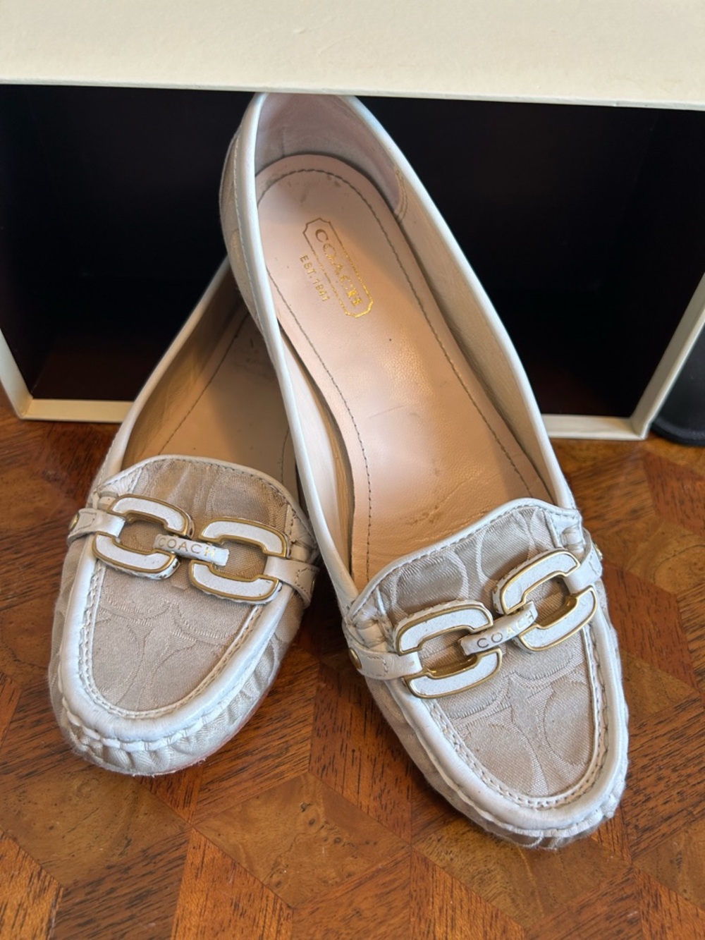 Coach Beige Signature Jacquard Chain-Link Loafers